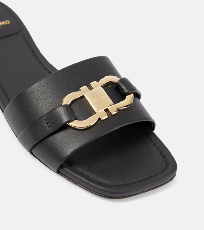 Ferragamo Leather Slides With Flat Sole And Gold-tone Hardware In Black