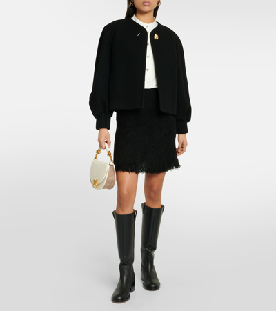 Shop Chloé High-rise Fringed Wool-blend Miniskirt In Black