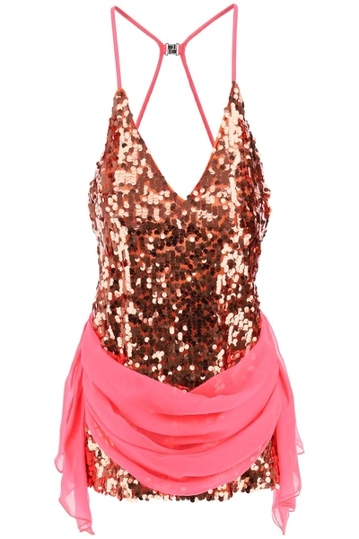 Shop Dsquared2 Mini Sequined Dress With Draped Detail In Orange, Pink