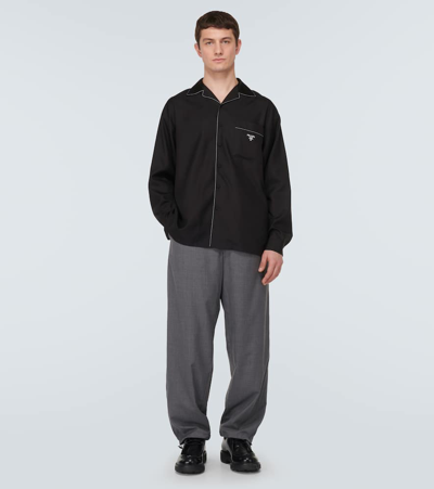Prada Contrast-trim Silk Pajama Shirt In Black