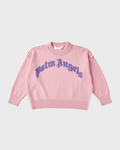 Shop Palm Angels Girl's Curved Logo Cotton Knit Sweater In Roselilac