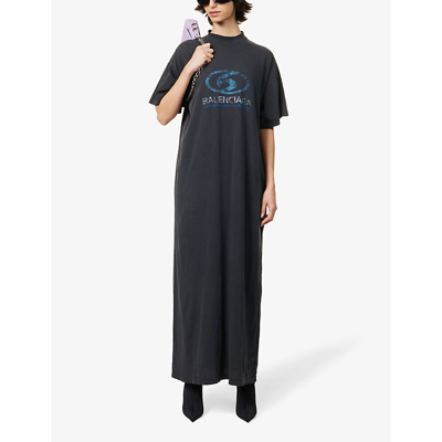 Shop Balenciaga Graphic-print Cotton-jersey Maxi Dress In Faded Black/blue