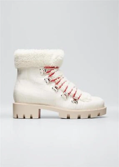 Pre-owned Christian Louboutin Edelvizir Flat Shearling Fur Leather Booties Boots $1595 In White