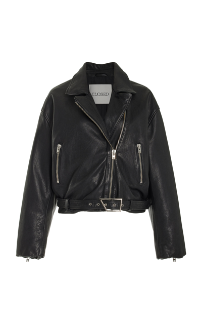 Shop Closed Leather Biker Jacket In Black
