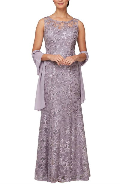 Shop Alex Evenings Sleeveless Illusion Neck Embroidered Gown In Lavender In Purple