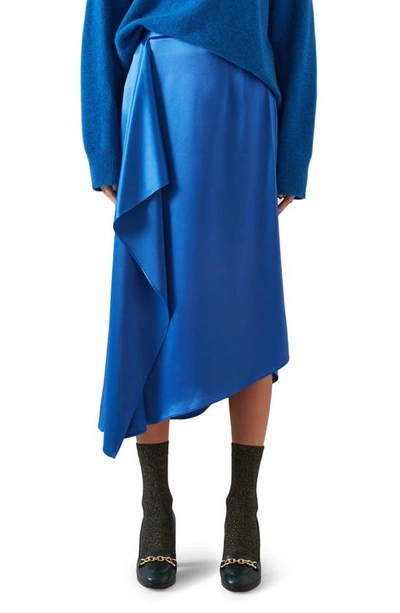 Shop Lk Bennett Zoe Side Ruffle Asymmetric Satin Midi Skirt In Blue