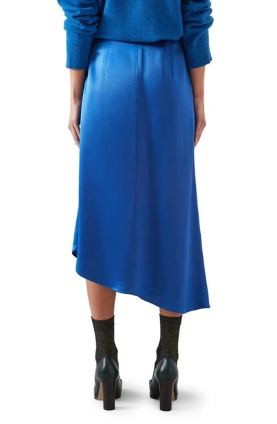 Shop Lk Bennett Zoe Side Ruffle Asymmetric Satin Midi Skirt In Blue