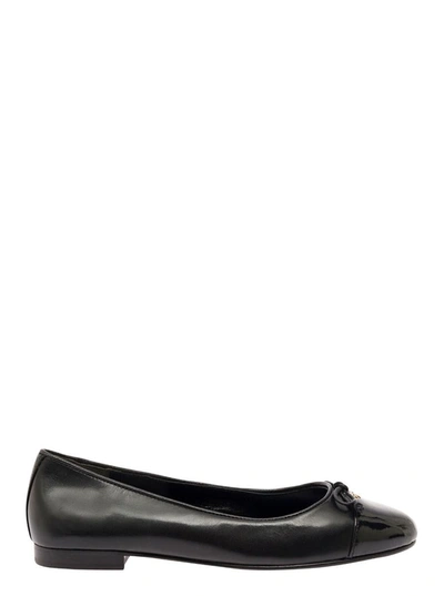Shop Tory Burch Black Ballet Flats With Bow Detail And Tonal Toe In Leather Woman