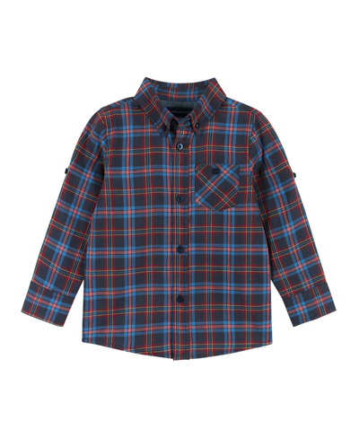 Shop Andy & Evan Toddler/child Boys Navy Check Two-faced Button-down Shirt In Dark Blue