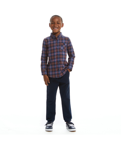 Shop Andy & Evan Toddler/child Boys Navy Check Two-faced Button-down Shirt In Dark Blue