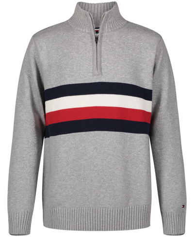 Shop Tommy Hilfiger Toddler Boys Signature Stripe Long Sleeve Quarter Zip Sweater In Gray Heather