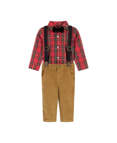 Shop Andy & Evan Infant Boys Red Plaid Flannel Button-down W/suspenders Set In Bright Red