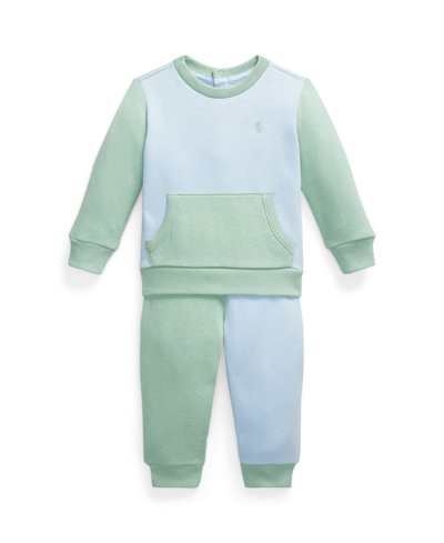 Shop Polo Ralph Lauren Baby Boys Fleece Sweatshirt And Jogger Pant Set In Celadon,office Blue Multi