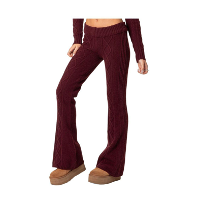Shop Edikted Women's Ray Cable Knit Flared Pants In Burgundy
