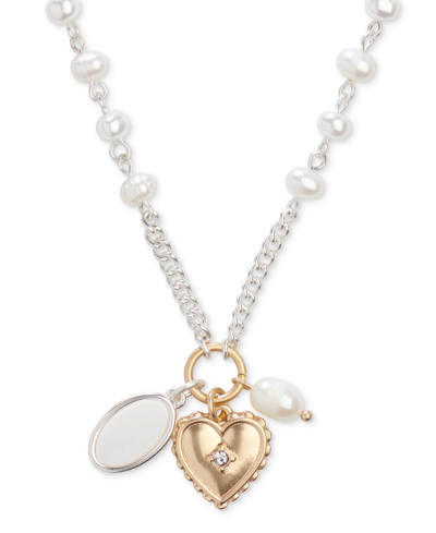 Shop Lucky Brand Two-tone Pave, Imitation & Freshwater Pearl Multi-charm Pendant Necklace, 16" + 2" Extender In Ttone