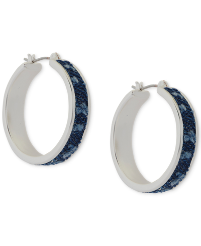 Shop Lucky Brand Silver-tone Blue Denim Medium Hoop Earrings, 1.13"