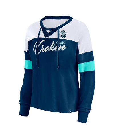 Fanatics Branded Deep Sea Blue Seattle Kraken Take The Shot Long Sleeve Lace-up V-neck T-shirt In Deep Sea Blue
