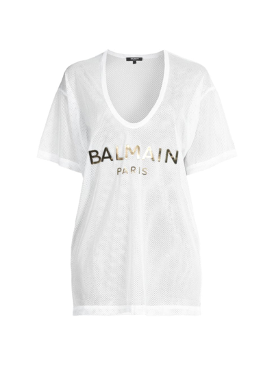 Shop Balmain Women's Logo Mesh T-shirt In White Gold