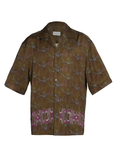 Shop Dries Van Noten Men's Cassi Embroidered Short-sleeve Shirt In Khaki