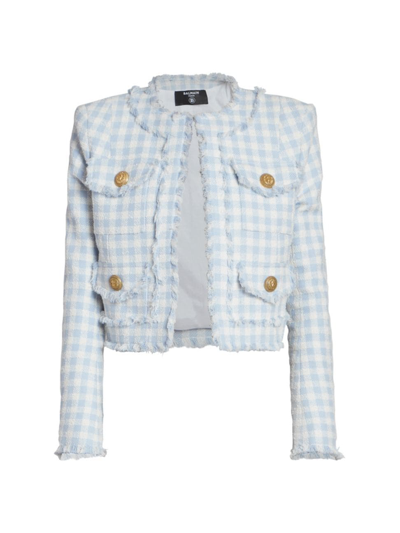 Shop Balmain Women's Vichy Gingham Tweed Jacket In White Blue