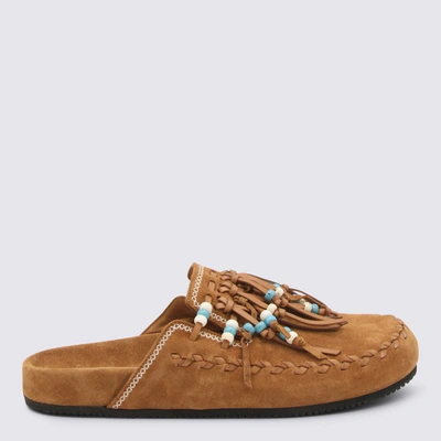 Shop Alanui Camel Brown Suede Salvation Mountain Slippers