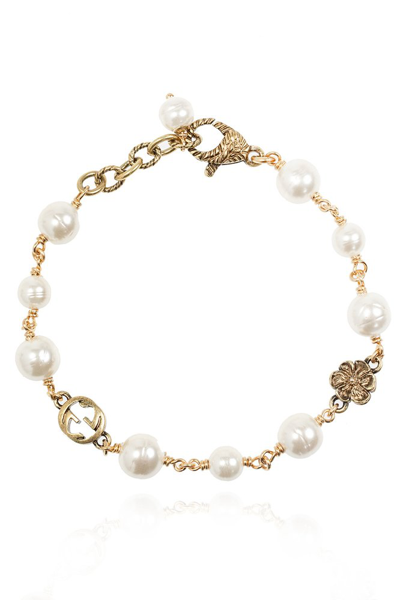 Shop Gucci Pearl Charm Detailed  Bracelet In Gold
