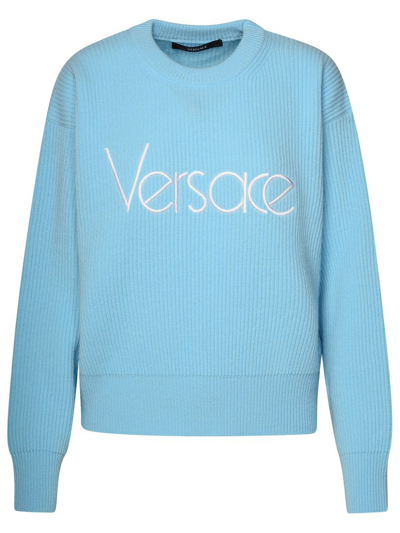 Shop Versace Logo Embroidered Knitted Jumper In Blue