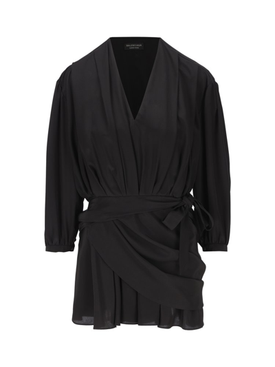 Shop Balenciaga Tie Detailed Draped Dress In Black