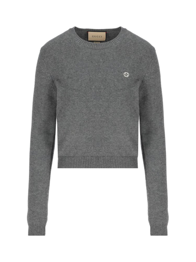 Shop Gucci Logo Embroidered Knit Sweater In Grey
