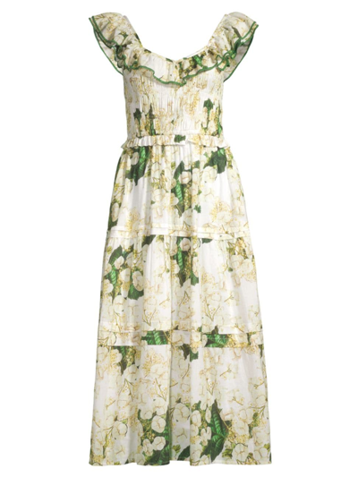 Shop Ro's Garden Women's Tuscany Smocked Floral Cotton Midi-dress In Green Otaku