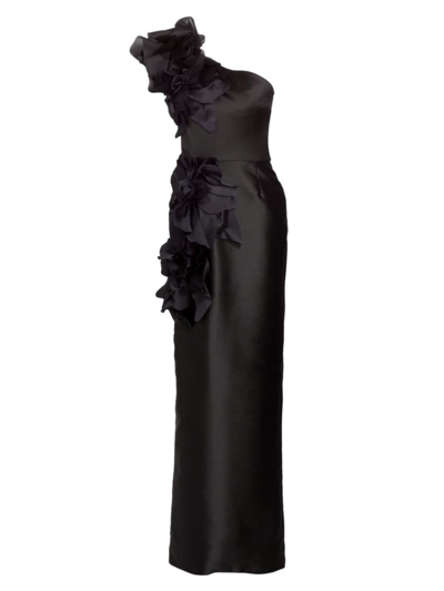 Shop Marchesa Women's Floral Appliqué One-shoulder Column Gown In Black