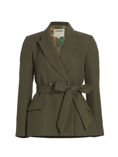 Shop L Agence Women's Jordana Cotton-blend Wrap Blazer In Army Olive Palm Leopard