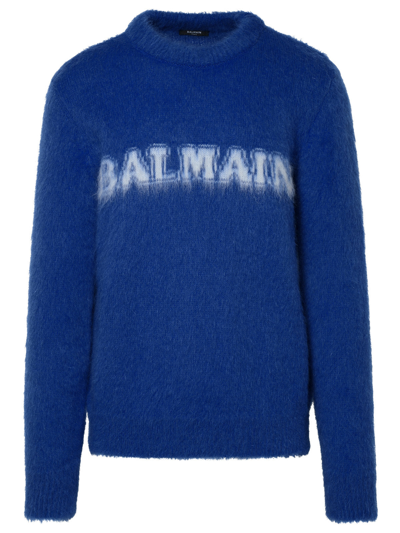 Shop Balmain Man Blue Virgin Wool Blend Sweater