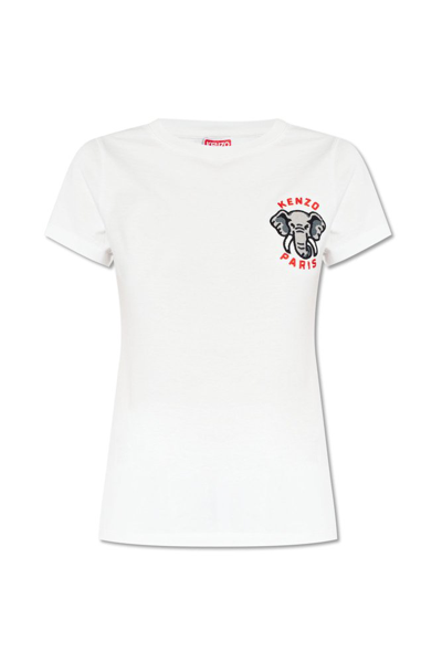 Shop Kenzo Elephant Embroidered Crewneck T In White