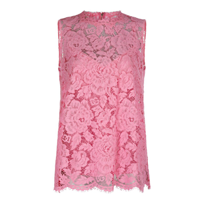 Shop Dolce & Gabbana Branded Floral Cordonetto Lace Top In Pink
