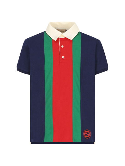 Shop Gucci Kids Logo Embroidered Striped Polo Shirt In Blue