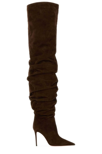 Shop Amina Muaddi Jahleel Thigh High Boots In Brown