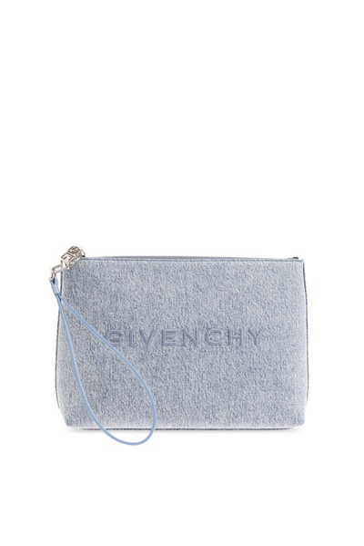 Shop Givenchy Logo Embroidered Denim Pouch In Blue