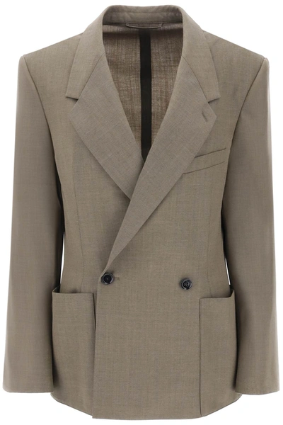 Shop Lemaire Double Breasted Blazer In Tropical Poly Wool In Khaki