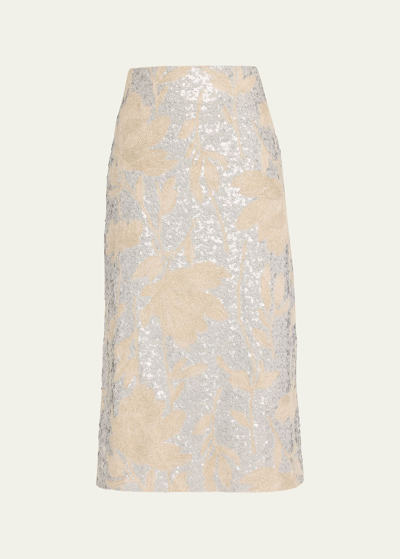 Shop Brunello Cucinelli Linen Midi Skirt With Paillette Magnolia Embroidery In C020 Natural