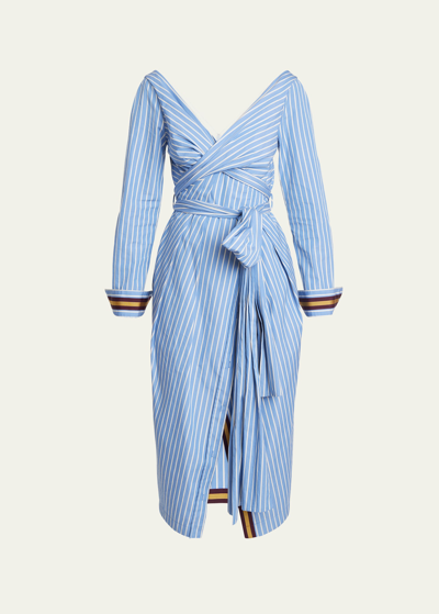Shop Dries Van Noten Dolada Striped Wrap Dress With Tie Belt In Light Blue