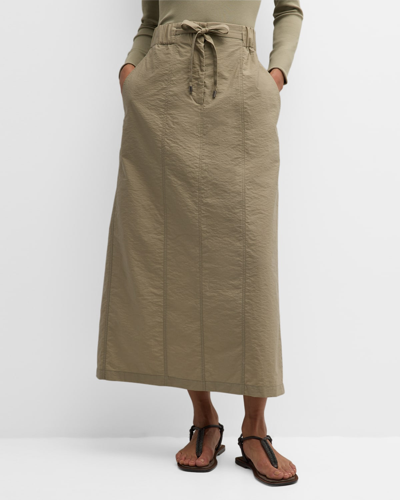 Shop Brunello Cucinelli Paneled Cotton Techno Poplin Pull-on Midi Skirt In C9591 Olive