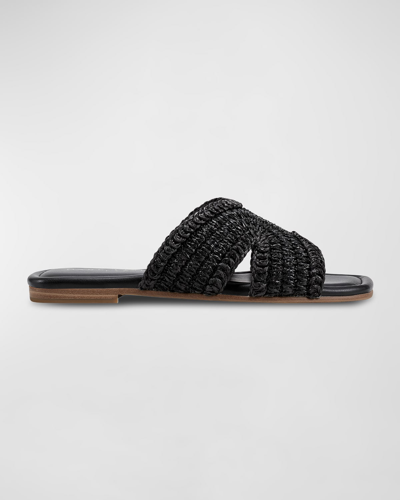 Shop Marc Fisher Ltd Narda Woven Raffia Flat Slide Sandals In Black