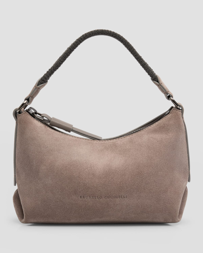 Shop Brunello Cucinelli Mini Monili Suede Shoulder Bag In Grey