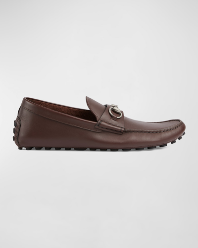 Shop Gucci Men's Byorn Horsebit Leather Drivers In Cocoa