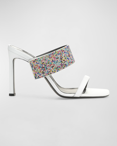 Shop Sergio Rossi Leather Crystal Stiletto Slide Sandals In Bianco