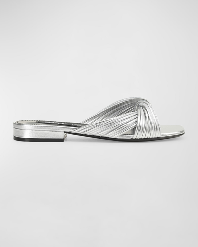 Shop Sergio Rossi Metallic Strappy Twist Slide Sandals In Argento