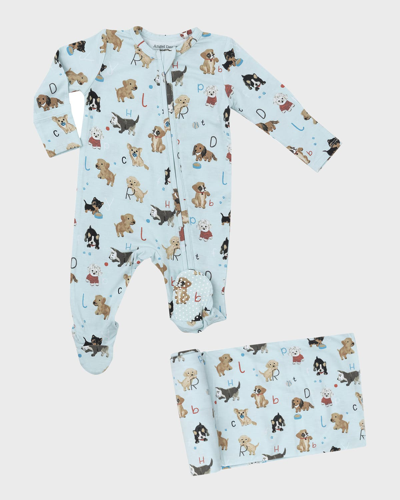 Shop Angel Dear Boy's Puppy-print Footie And Blanket Set In Puppy Alphabet Bl