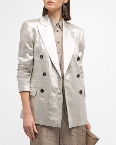 Shop Brunello Cucinelli Metallic Linen Double-breasted Blazer Jacket In C281 Silver