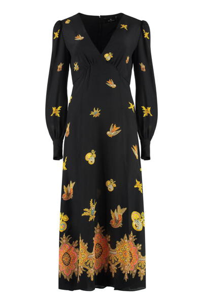 Shop Etro Printed Crepe Dress In Black